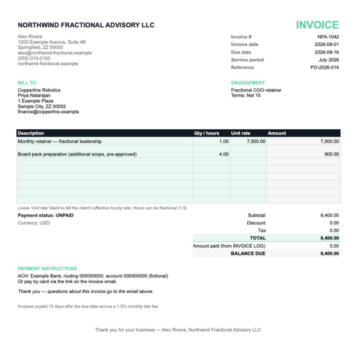 The Starter Kit's invoice builder showing a completed one-page invoice with line items, totals, and payment instructions (fictional example data)